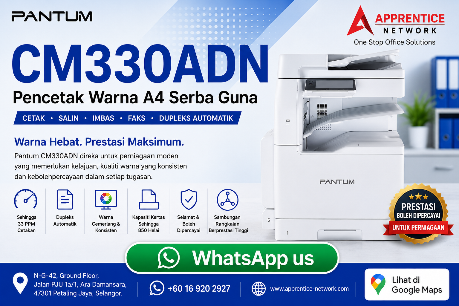 Pantum CM330ADN Cetakan Laser Warna Auto Duplex 28 ppm