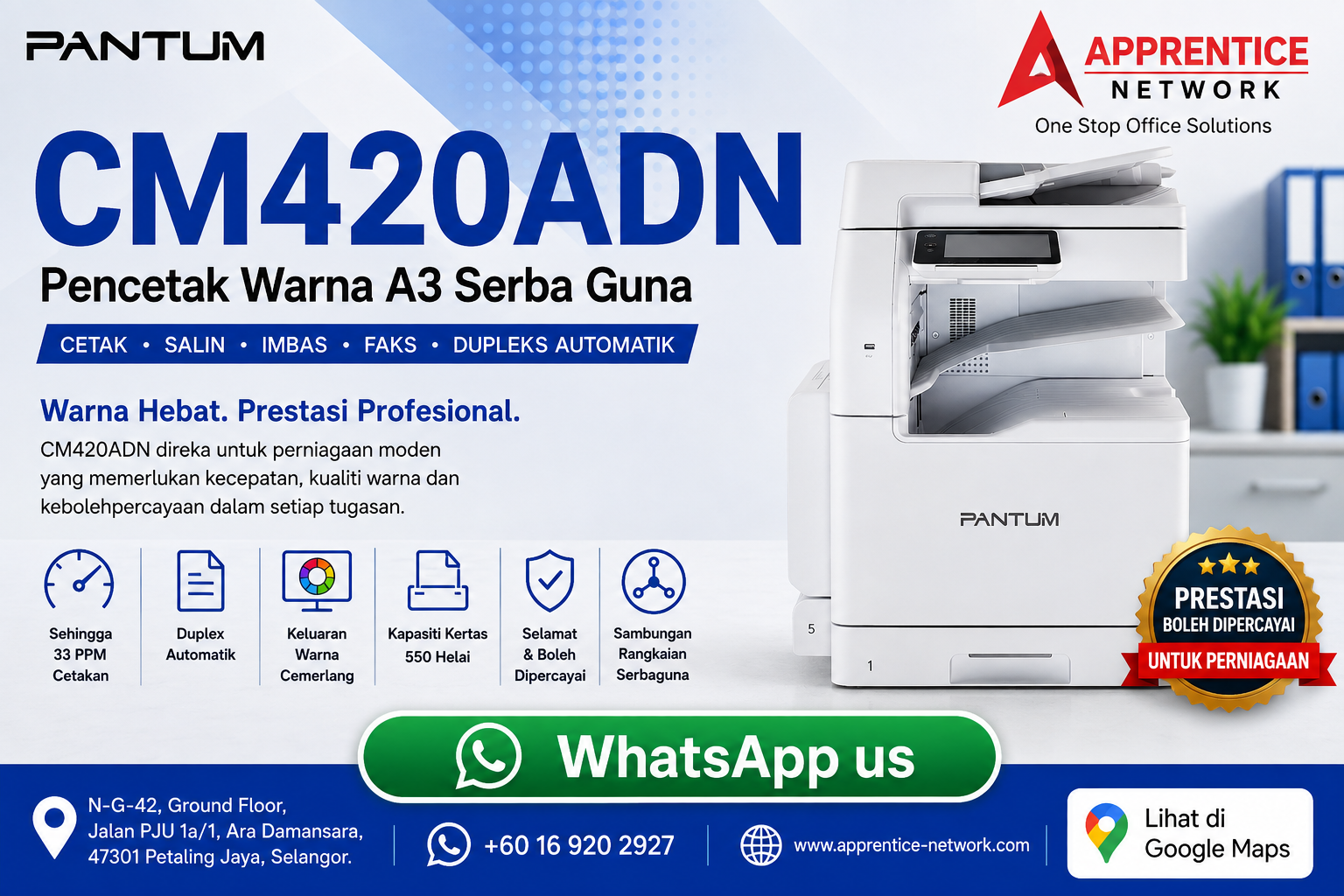 Pantum CM420ADN Cetakan Laser Warna Auto Duplex
