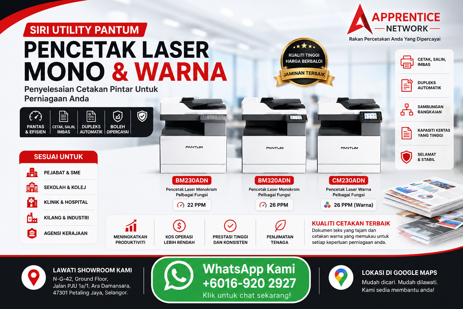 Pencetak Laser Mono Multifungsi Pantum BM230ADN - Apprentice Network Sdn Bhd Ara Damansara