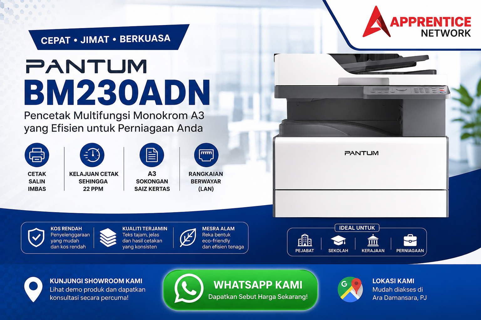 Pencetak Laser Mono Multifungsi Pantum BM230ADN Pandangan Hadapan