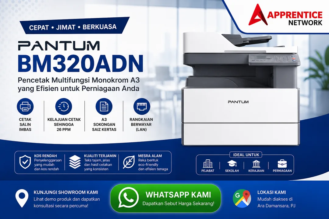 Pencetak Laser Monokrom Multifungsi Pantum BM320ADN Pandangan Hadapan