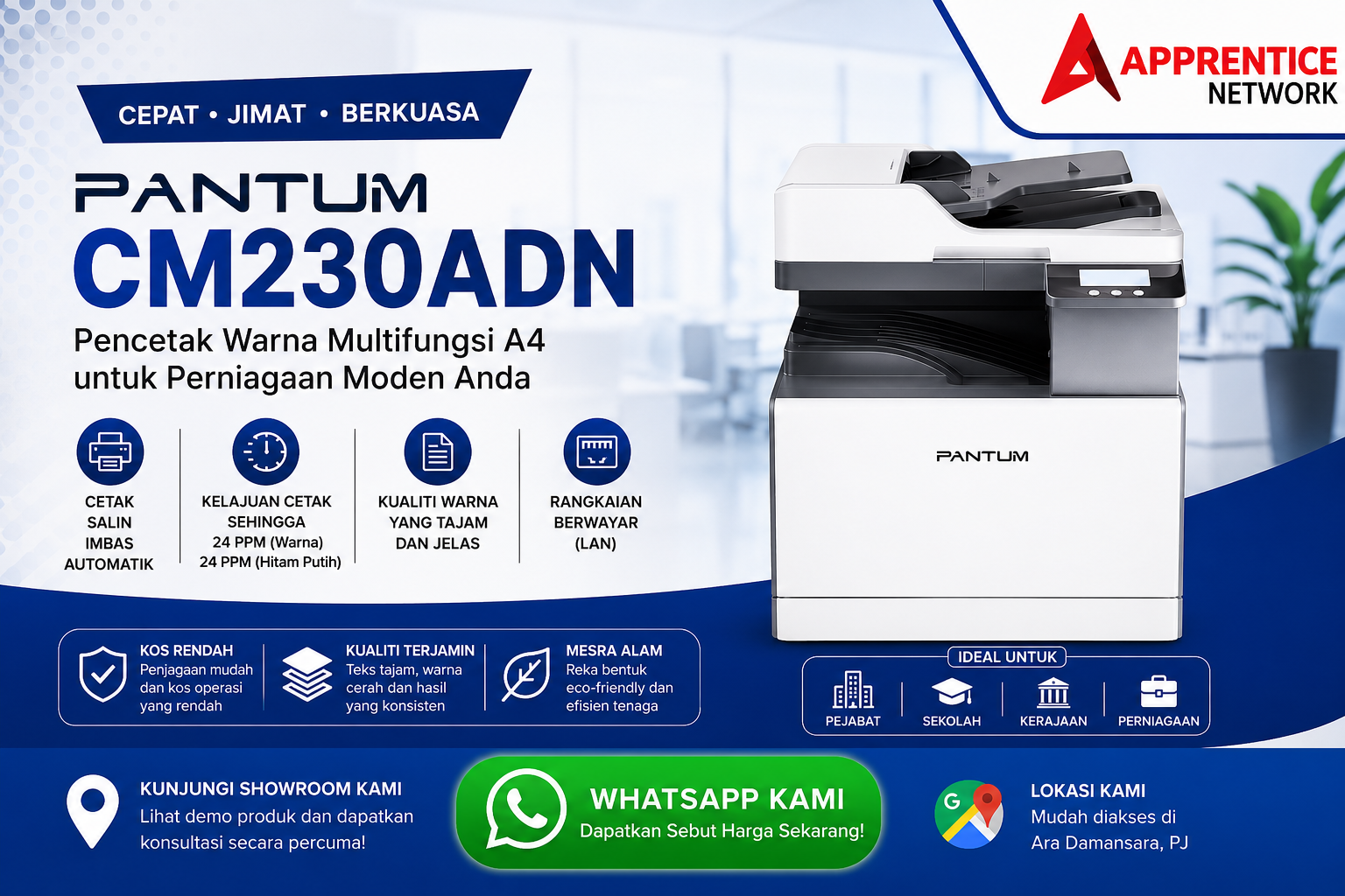 Pencetak Laser Warna Multifungsi Pantum CM230ADN Pandangan Hadapan